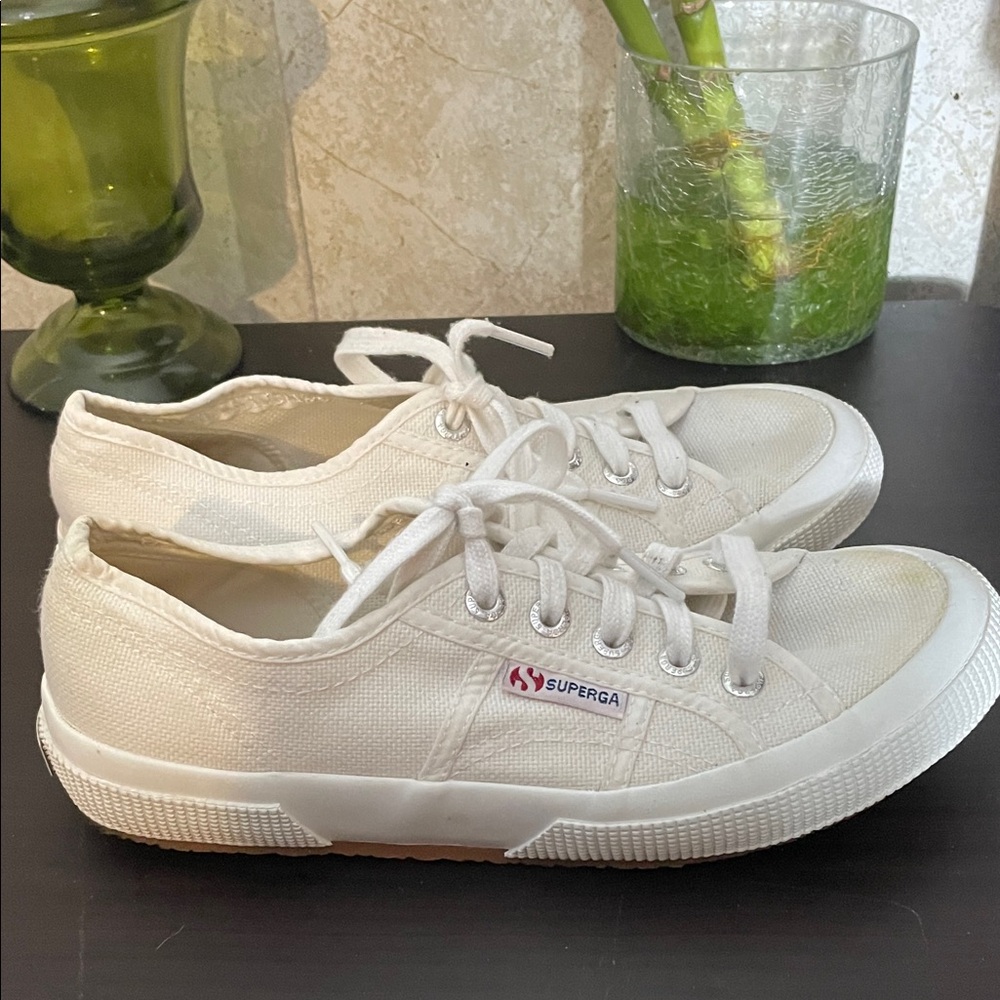 Superga White Canvas Lace-Up Sneakers 6.5